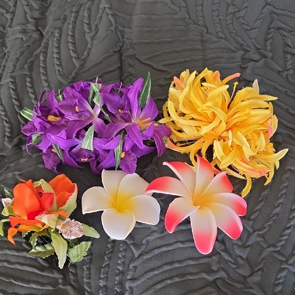 Floral Hair Clips Set Of 5 - Orchid, Plumeria, Tropical Flowers